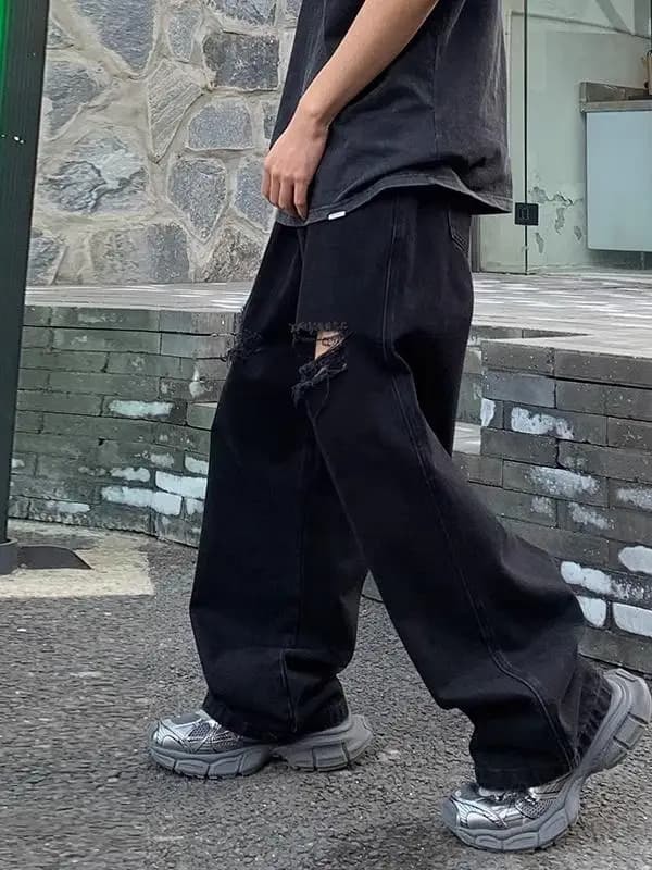 plus Size Men's Jeans Spring Break Hole American High Street Casual Loose Straight Leg Wide Leg Pants Youth Trendy Jeans