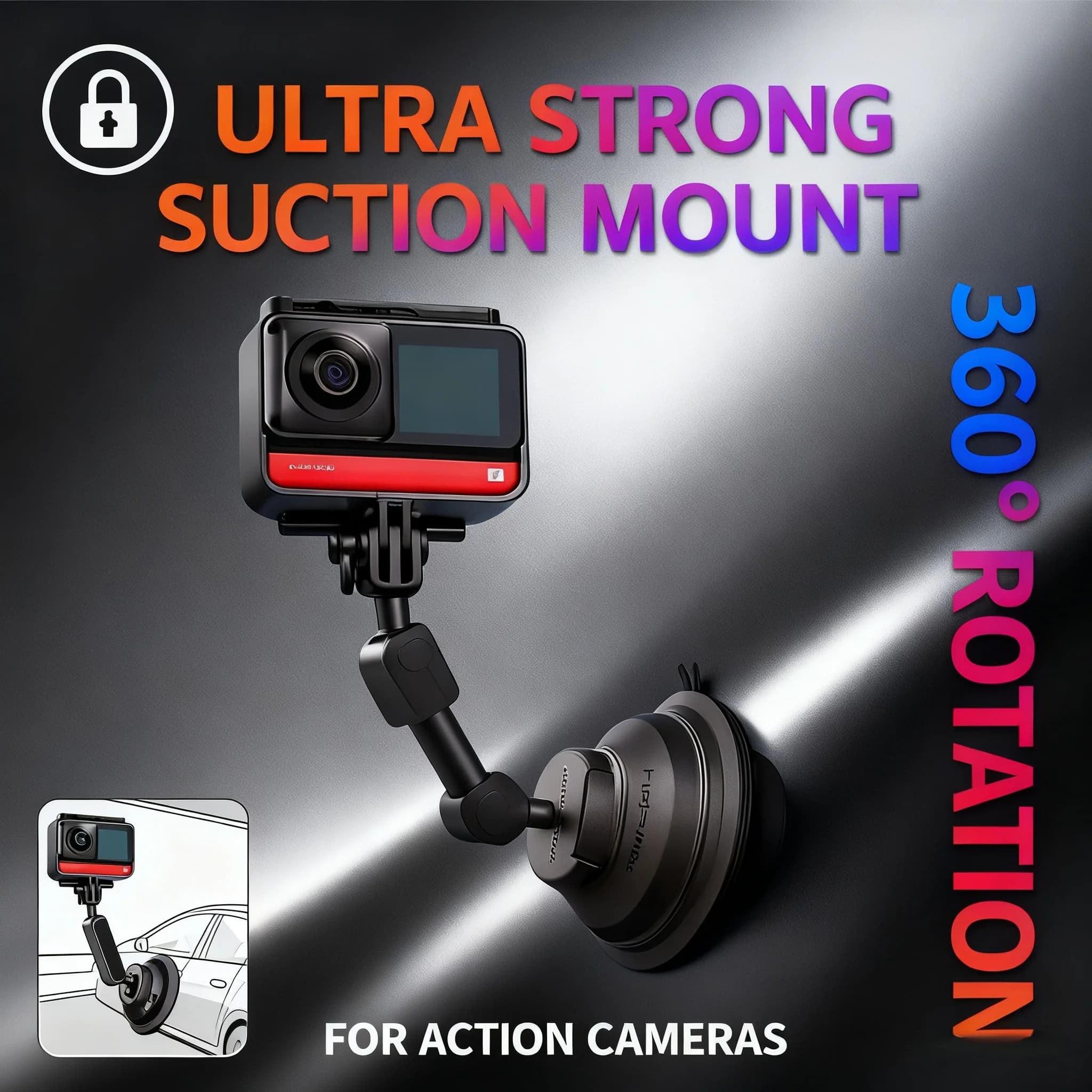 For Insta360 X5/X4/Ace Pro 2/Ace | PGYTECH Car Suction Cup Mount | Stable 360° Adjustable Holder for Action & Sports Cameras
