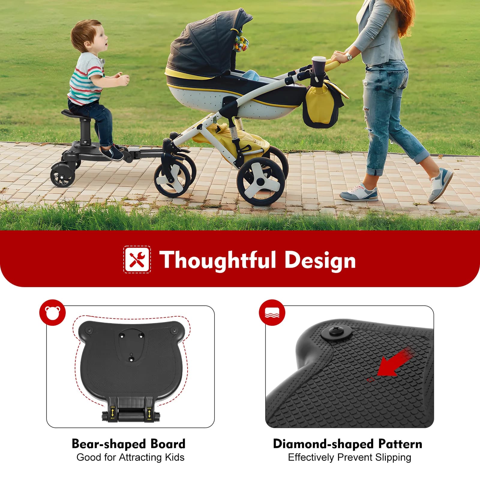 Pedana 2 in 1 per passeggino con seduta rimovibile, pedana per stare in piedi e sedersi per bambini da 3 a 7 anni, pedana universale per passeggino