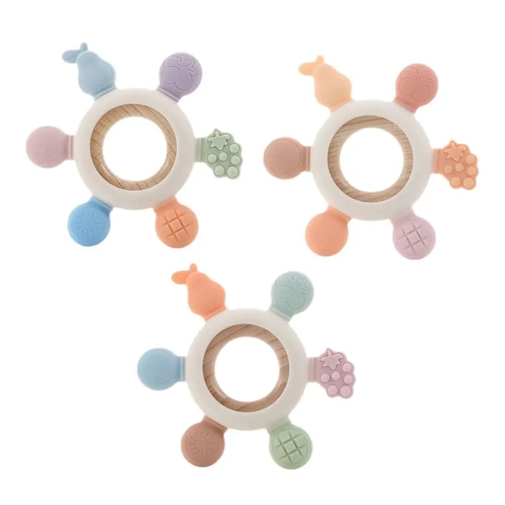High Quality Silicone Baby Teething Wooden Ring Grasping Baby Teether BPA Free Fruits Shape Teething Ring Newborn Accessories