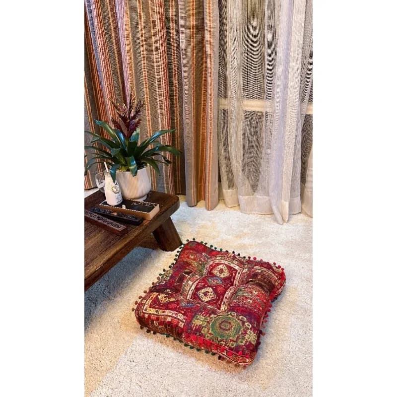 Square Bohemian Ethnic Floor Pouf Thick Tatami Cushion Pom Pom Decor Seat Pad For Balcony Bedroom Window Meditation