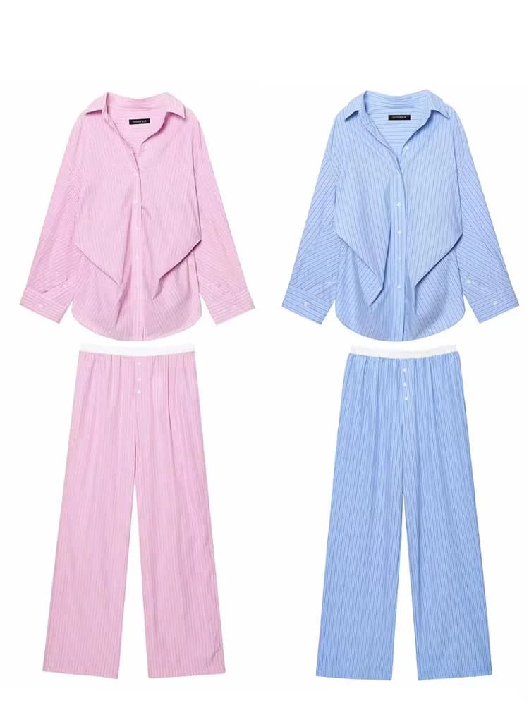 HH Pantaloni a righe da donna Abito con maniche a pipistrello Camicia in popeline allentata + Vita elastica Tasca laterale Boxer Mutandine Stile pigiama Pantaloni casual