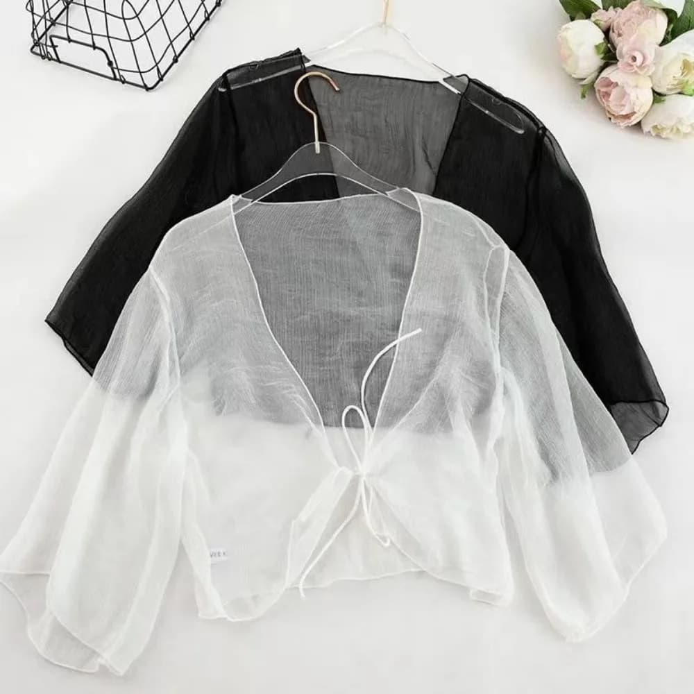 Cardigan estivo da donna increspato in chiffon sciolto con sezione sottile, giacca piccola con scialle corto trasparente trasparente