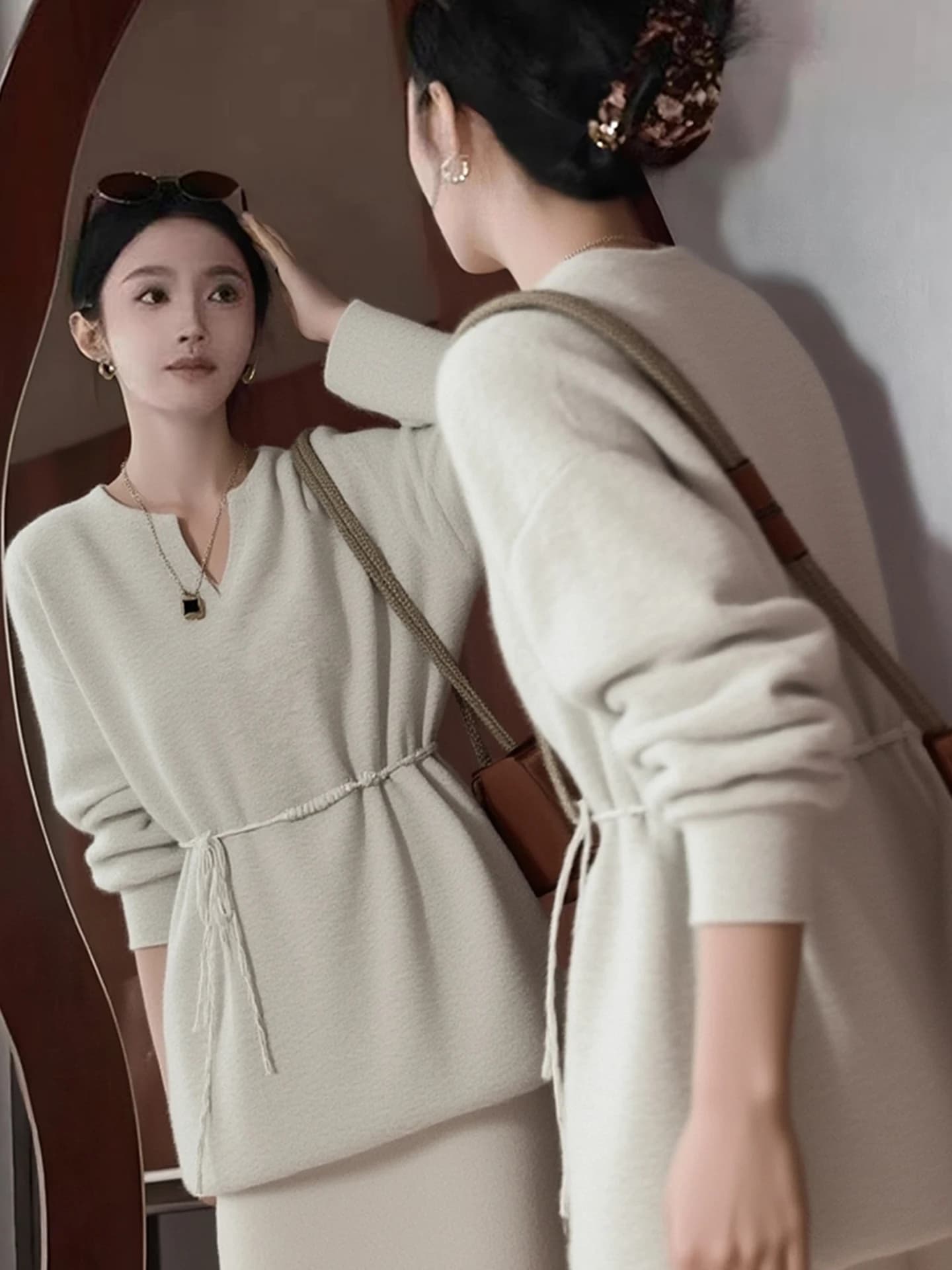 Maglione da donna in maglia con cintura, a maniche lunghe, alla moda, stile casual, caldo invernale, top snellente, semplice, versione coreana popolare