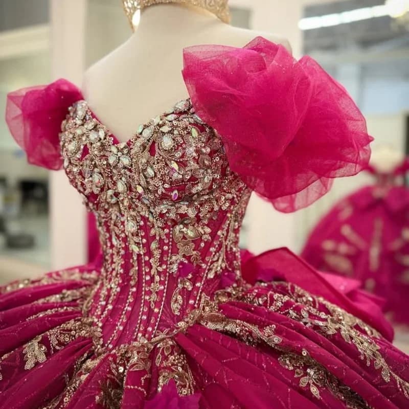 Abito Quinceanera rosa rosa lucido Fiore di cristallo di pizzo 3D Tull glitter decalcomania Fiocco abiti da 15 Quinceanera Personalizzato