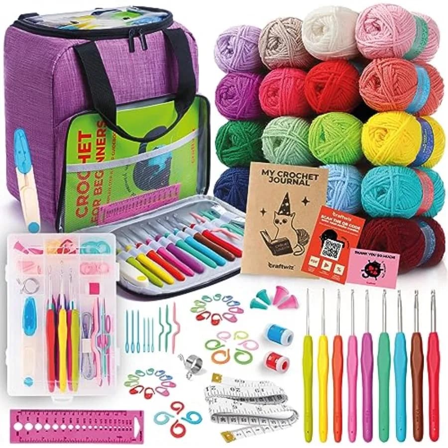Kit per Imparare a Lavorare all'Uncinetto per Principianti Adulti, Set Completo con 20 Gomitoli di Filato, 9 Uncinetti, Borsa Organizer e Libro, Perfetto per Principianti