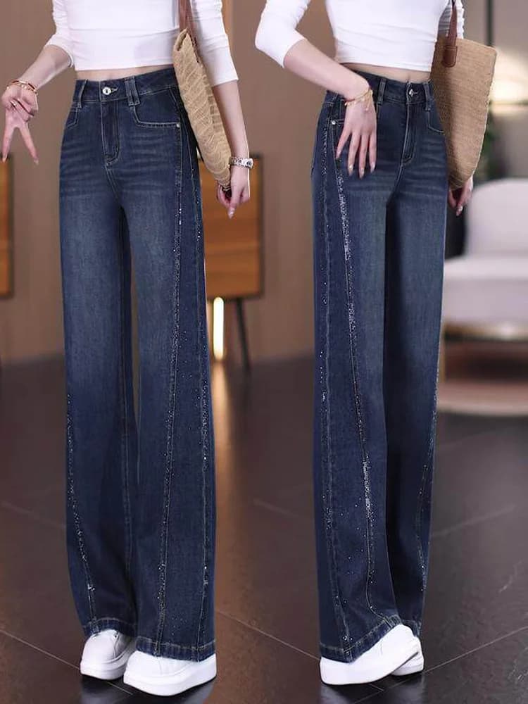 Spring 2026 High Waist Straight Leg Denim Pants Shiny Sequin Wide Leg Jeans Slimming Drapey Women's Fashion Luxury Style