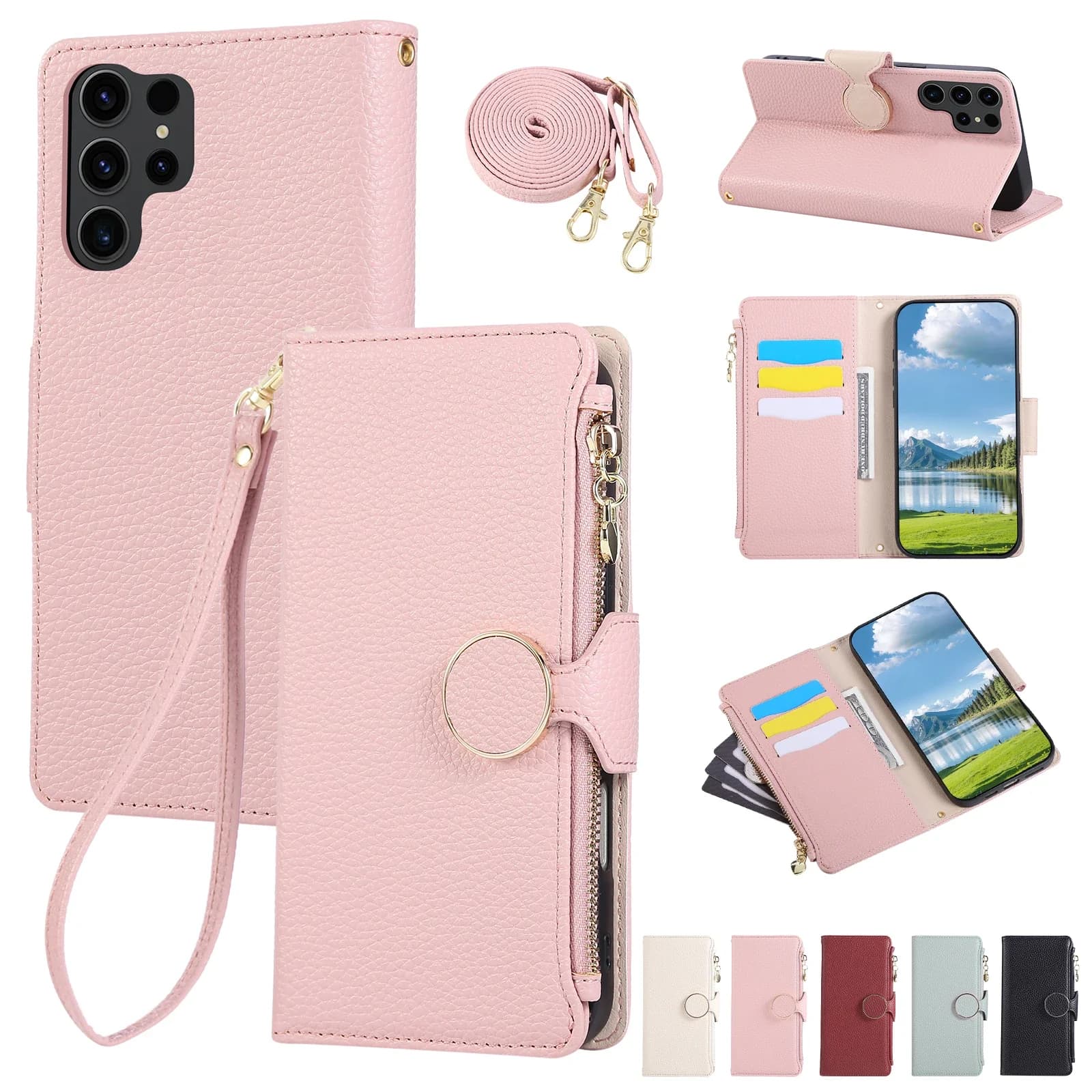 Leather wallet case with cordless zipper for Samsung Galaxy S25 Ultra Edge S24 Plus S23 FE S22 S25U Cavalletto Slot for Phone Cover Cards