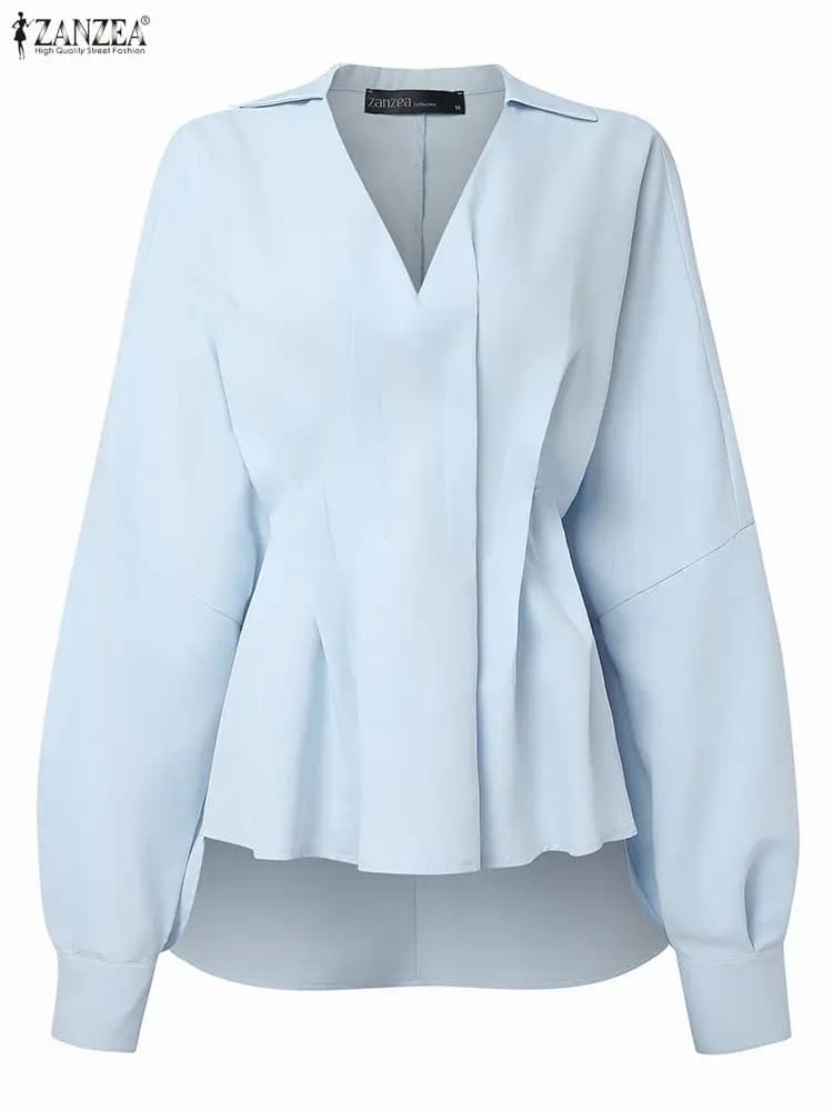 ZANZEA Donna Autunno OL Camicetta da lavoro 2025 Elegante risvolto Collo Manica lunga Top Camicia alta bassa Solido a pieghe Blusas Chemise femminile