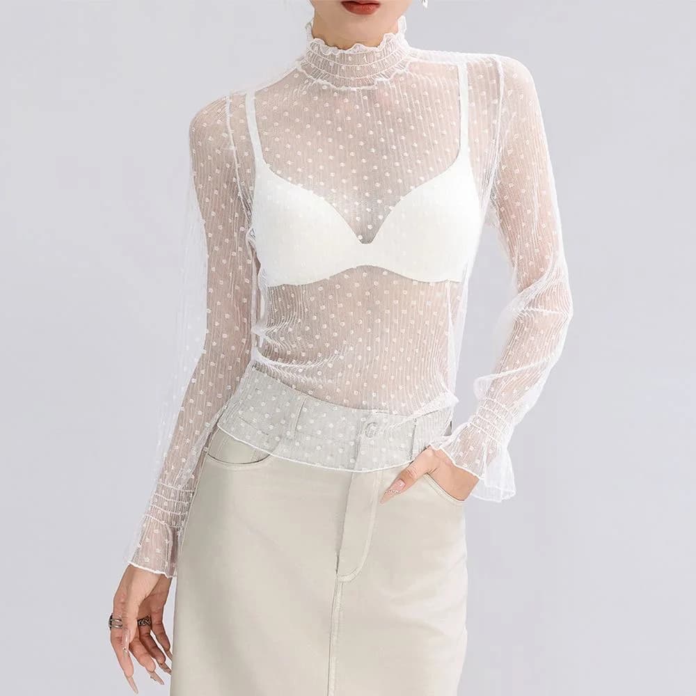 T-shirt with high collar in fashionable mesh Top long sleeves with high collar Transparent long sleeves in transparent mesh