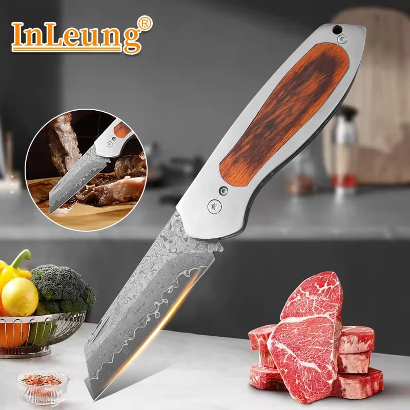 Coltello Pieghevole con Manico in Legno, Acciaio Inossidabile, per Frutta, Carne e Verdura, Accessorio da Cucina