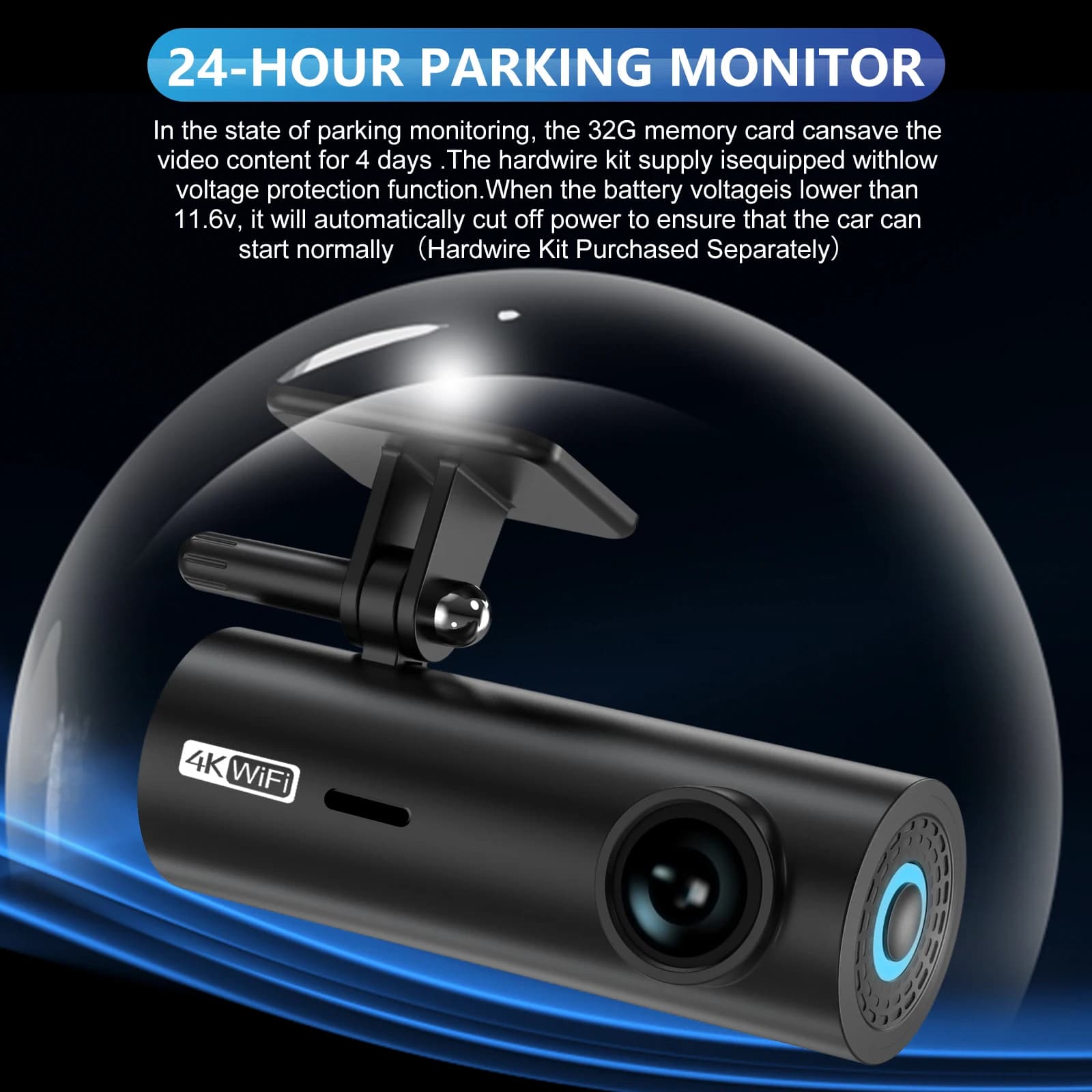 Dashcam per auto 3840*2160P 4K, videocamera per auto con registrazione video, telecamera anteriore con WiFi per veicoli, visione notturna ad alta definizione.