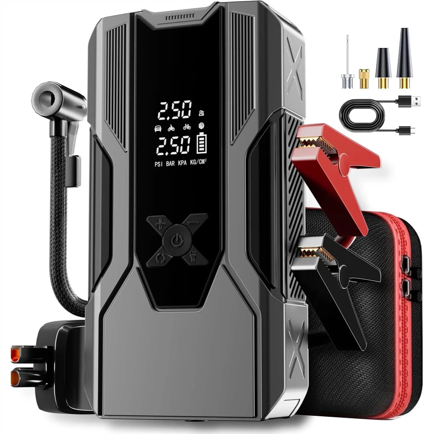 Avviatore di Emergenza Portatile 3000A con Compressore d'Aria 150PSI per Auto, Camion, SUV, Benzina 9L, Diesel 7L, Power Bank 12000mAh
