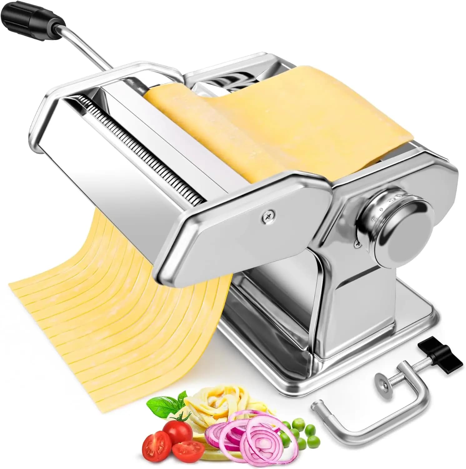 Manual Pasta Machine with 7 Thickness Settings, Stainless Steel Roller and Double Cutter for Spaghetti and Fettuccine Homemade