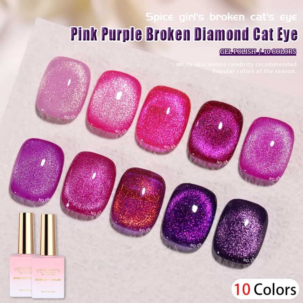 Vendeeni 15ml Rosa Viola Glitter Diamante Rotto Occhio di Gatto Smalto Gel per Unghie Magnetico UV Soak Off Gel Vernice Nail Art Gel Lacca