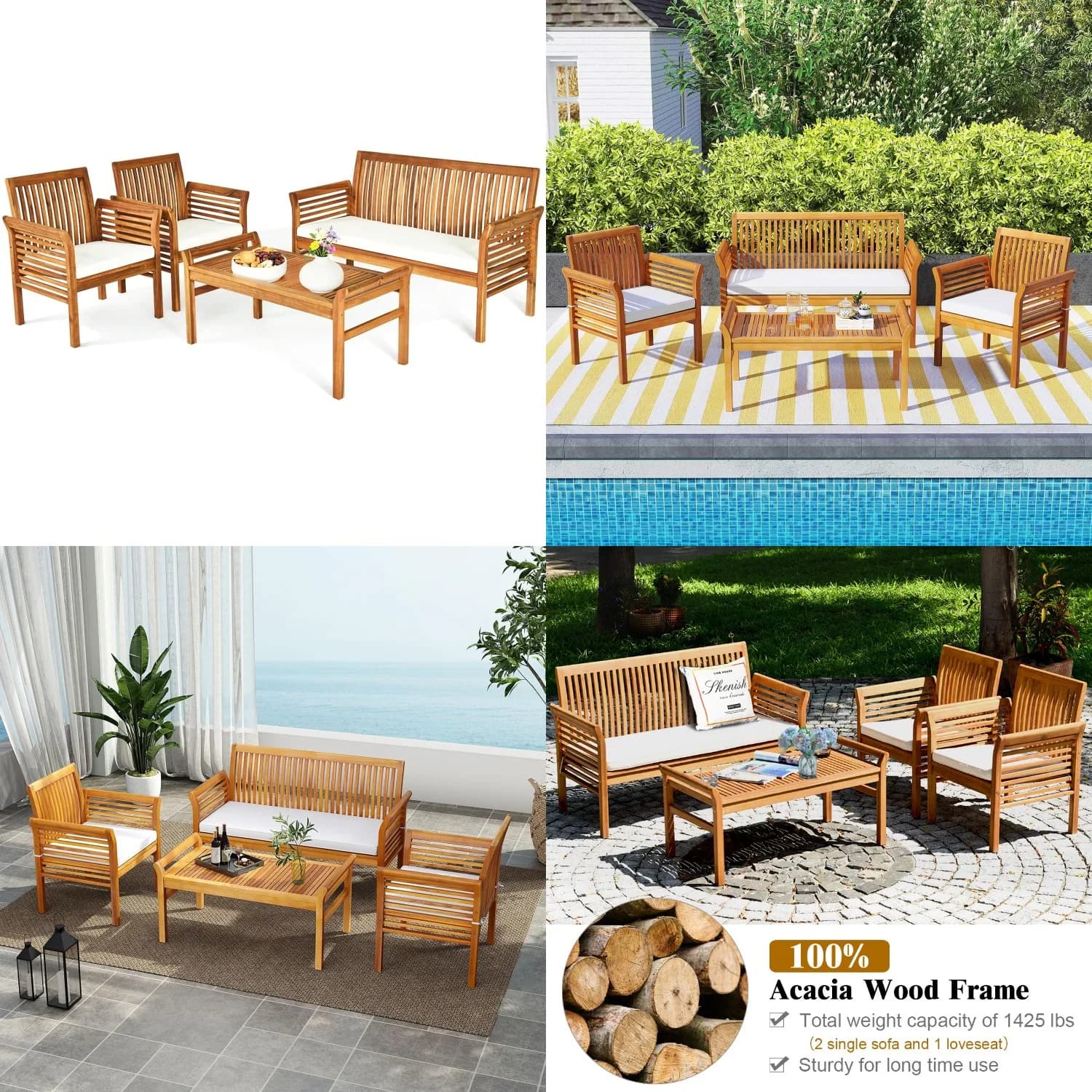 Set Divano da Esterno 4 Pezzi in Legno di Acacia con Cuscini Rimovibili, Tavolo Conversazione a Doghe e Sedie per Patio, Terrazza, Giardino, Bordo Piscina, Personalizzabile