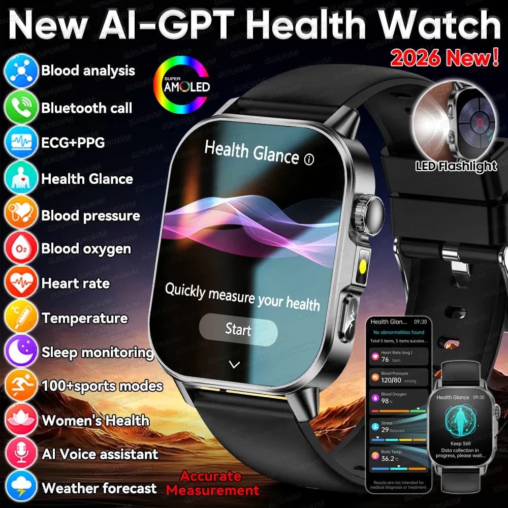 New Smartwatch for Health 2026 Man Woman with ECG+HRV, Urico Acid Analysis and Lipidi, Bluetooth Call, 2.01 Screen and Flashlight