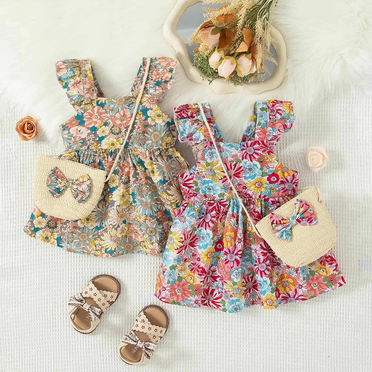 Summer New Baby Girl Floral Dress Sweet And Cute Children'S Clothing+Bow Bag (9 Months -3 Years Old)