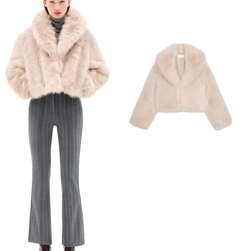 Winter New Women's Loose Collar Faux Fur Effect Jacket Short Outerwear Polyester Fiber Long Sleeve Button Closure Ladies Coat