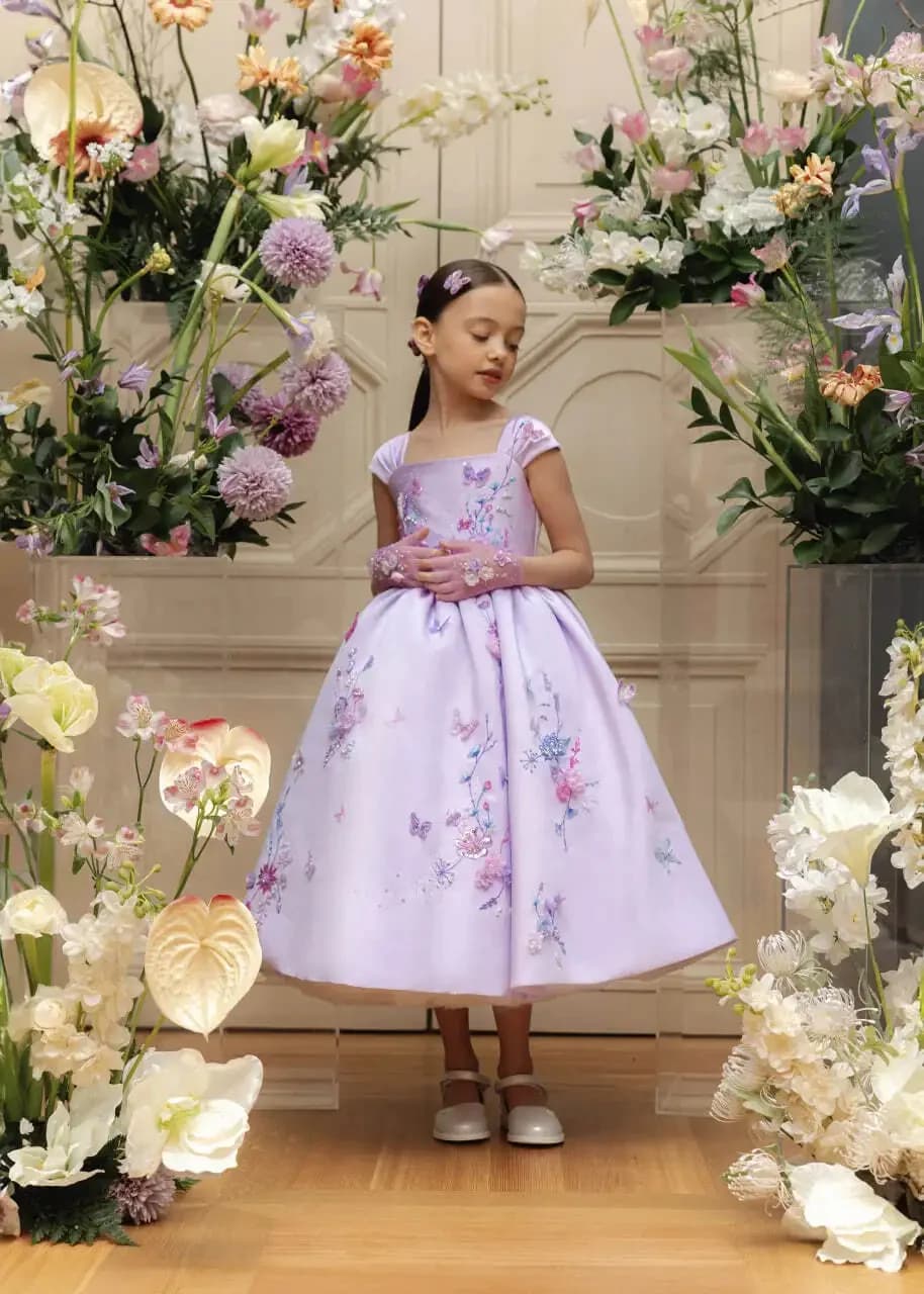 Elegante abito da ragazza di fiori per applicazioni da sposa colletto quadrato che borda l'abito da ballo per la prima comunione, festa di compleanno, personalizzato
