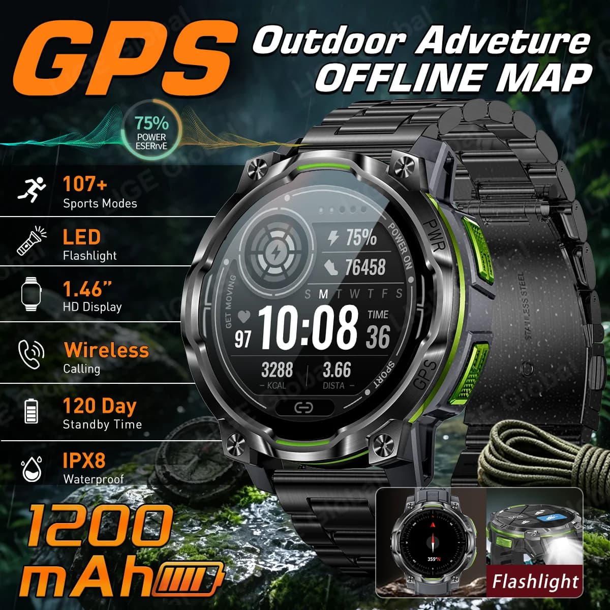 LIGE New GPS Offline Map Smart Watch 1200mAh Battery Military Compass Altimeter Smartwatch Swim Waterproof Sports Call Bracelet