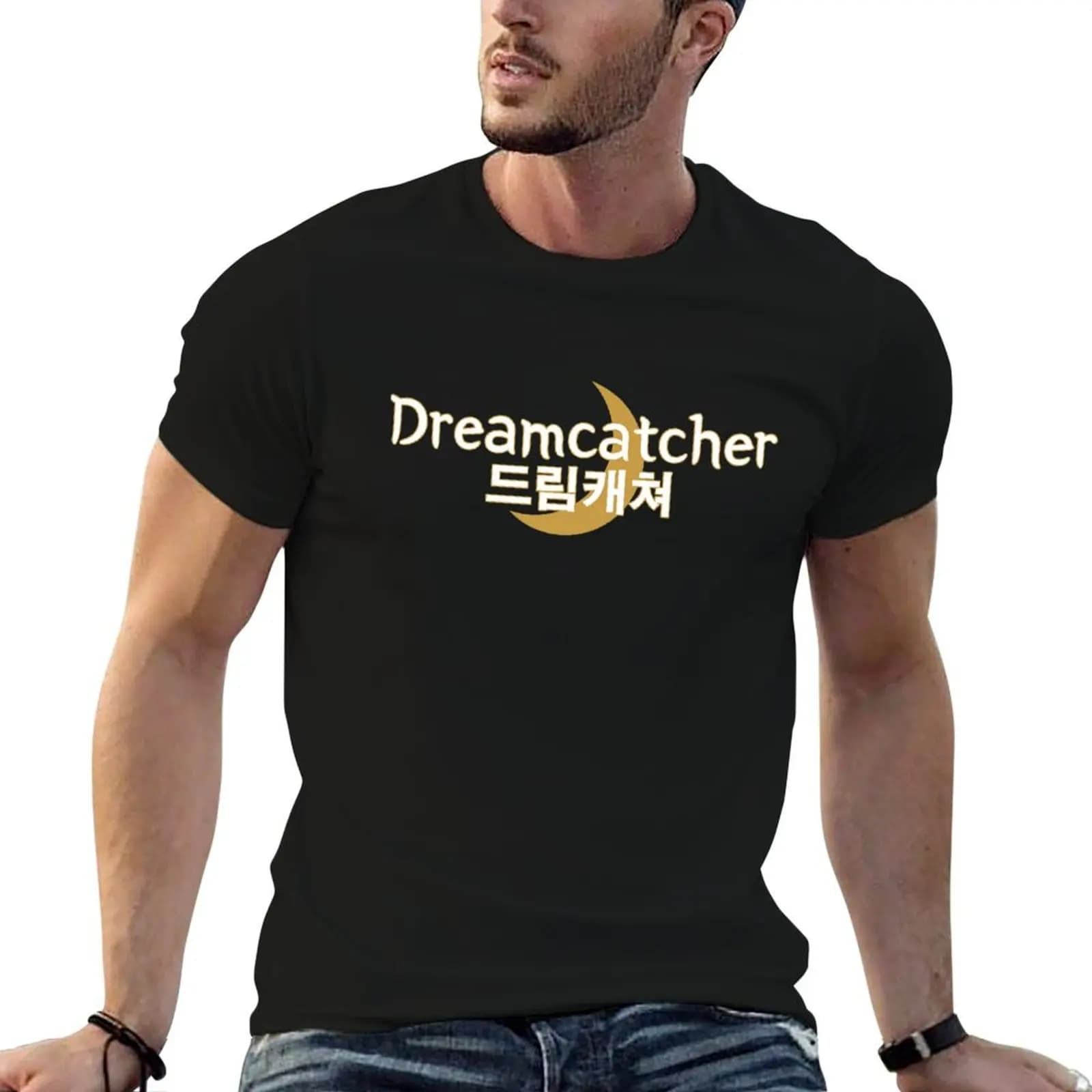 Dreamcatcher - Korean Text with Moon on Black T-Shirt Work Wear Short Sleeve T-Shirt