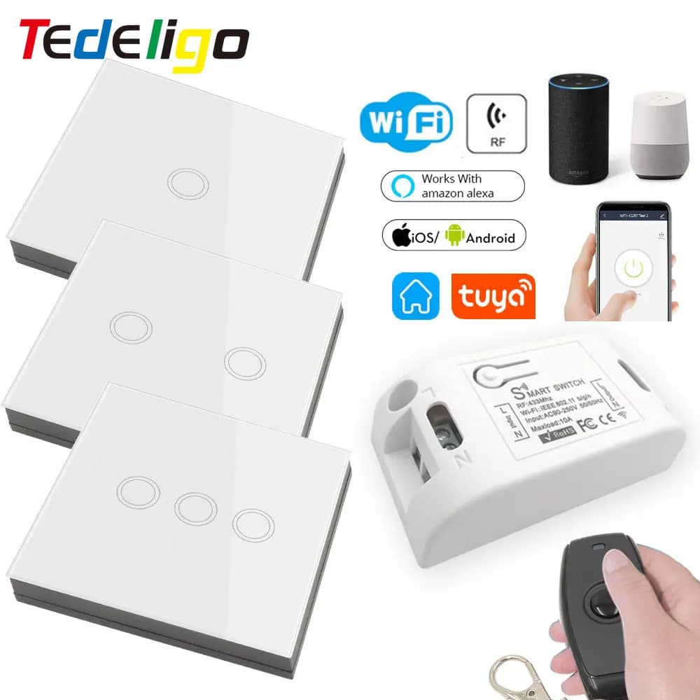 Interruttore Intelligente WiFi Tuya 433MHz, Pannello in Vetro con Sensore Touch, Controllo Remoto 85-220V con Timer