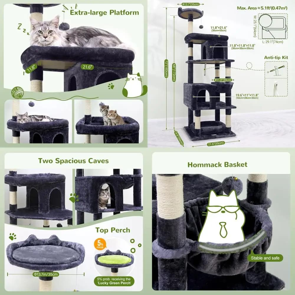 Robusto albero per gatti Maine Coon 72, resistente per gatti di grandi dimensioni oltre 20 libbre, con 6 tiragraffi e amaca, grigio scuro S72