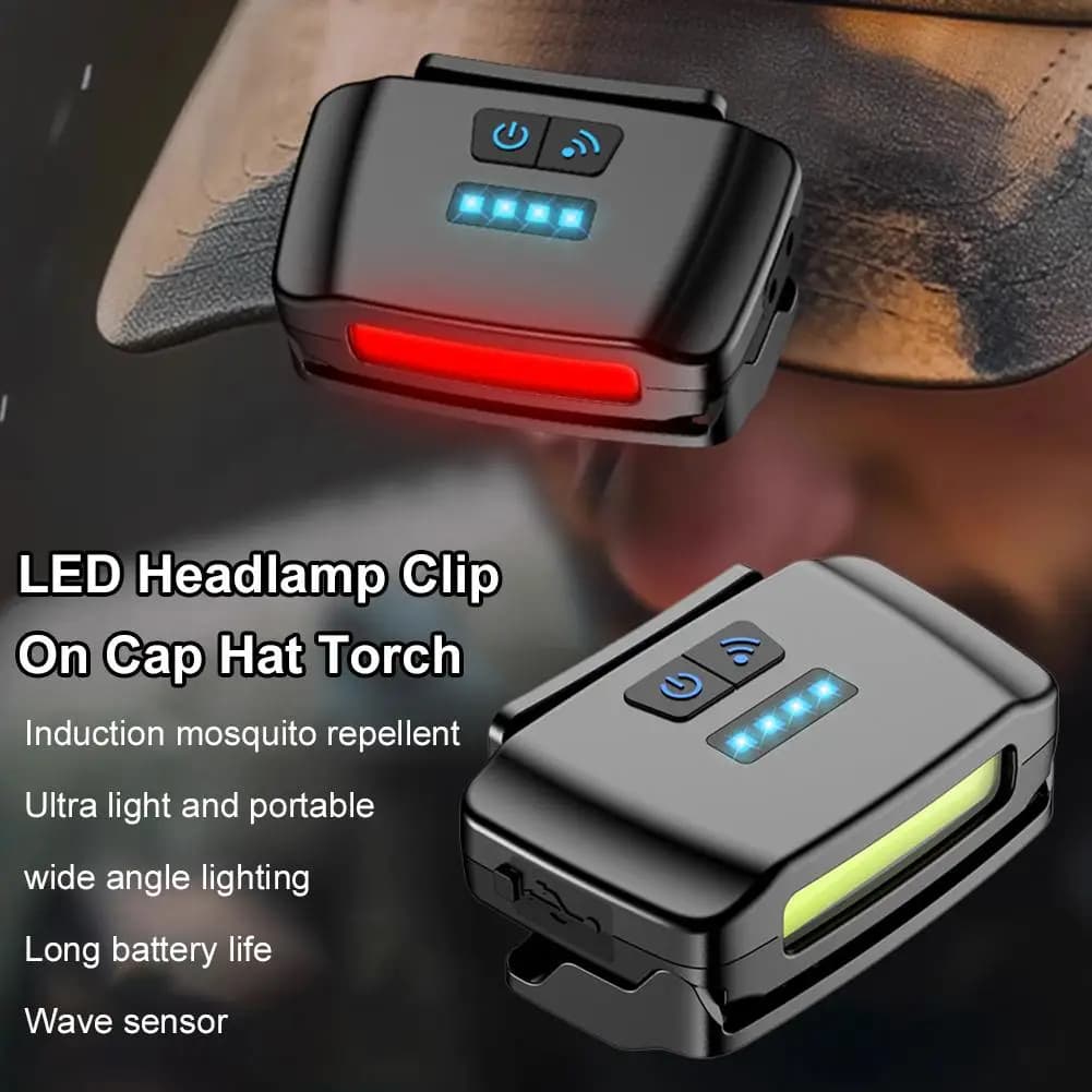 Mini Luce a Clip per Cappello, Lampada Frontale LED Ricaricabile con Sensore di Movimento, Torcia Impermeabile per Pesca e Campeggio all'Aperto