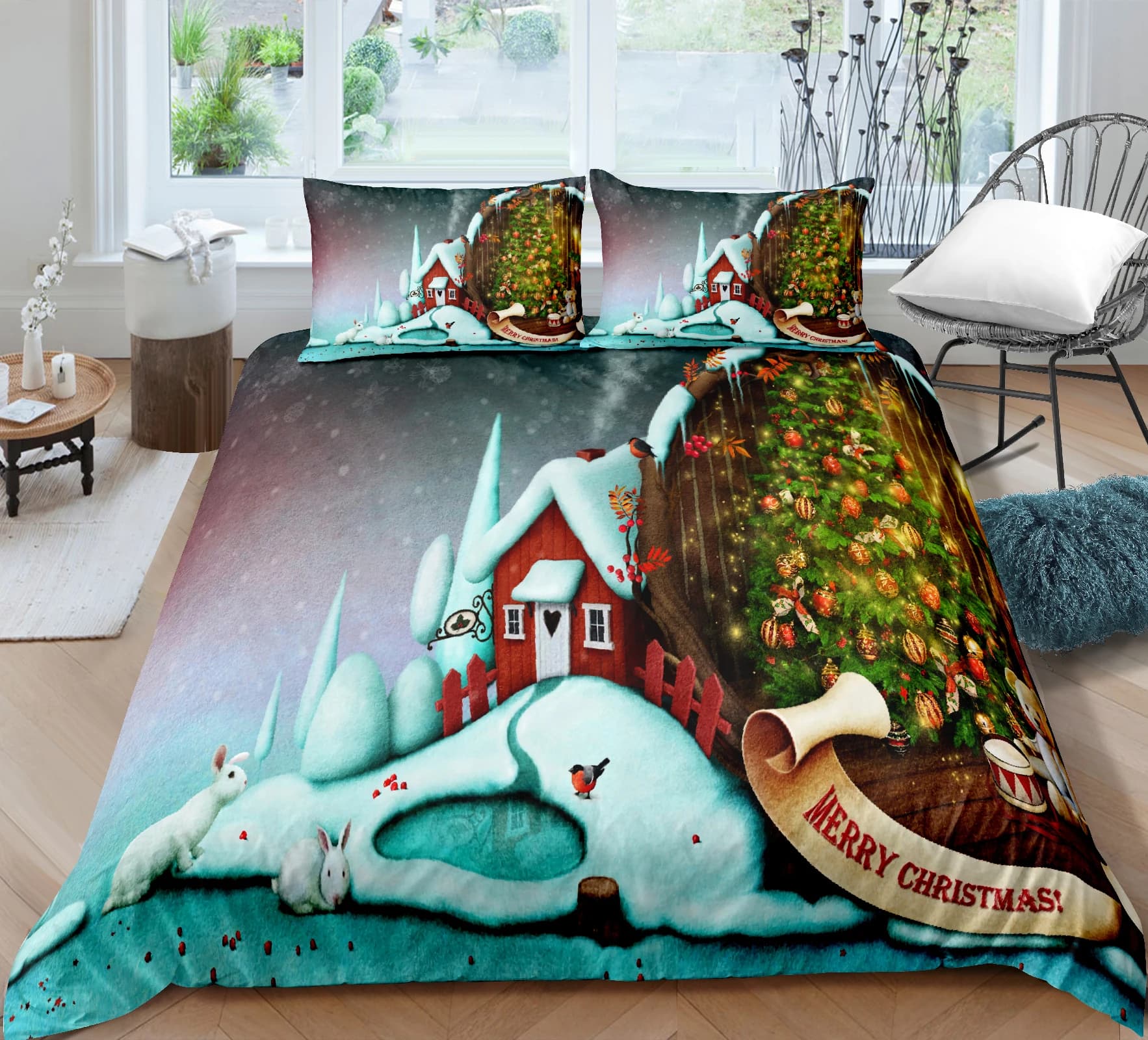 Set biancheria da letto natalizia Rustico albero di Babbo Natale pupazzo di neve modello copriletto stampato copripiumino con federa per tutte le stagioni