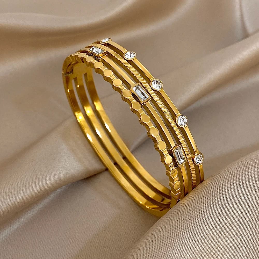 Luxury Zircon Stainless Steel Bracelets Women Retro Multi Layer Hollow Out Wide Bracelet Spring Bangles Jewelry Gift New