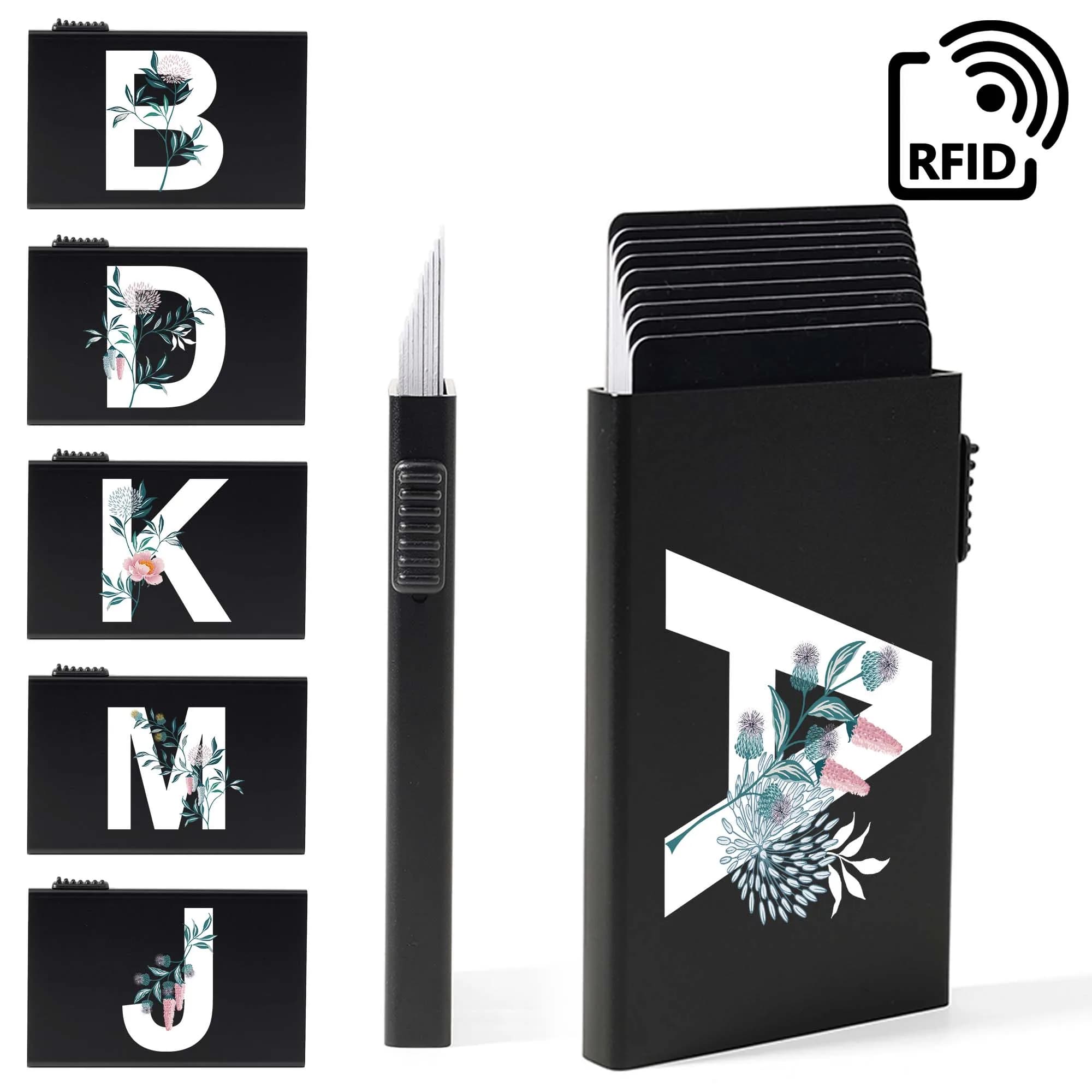 Portafoglio Porta Carte di Credito con Stampa Lettere A-Z, Blocco RFID, Sottile, Automatico Pop-Up, in Lega di Alluminio, da Donna