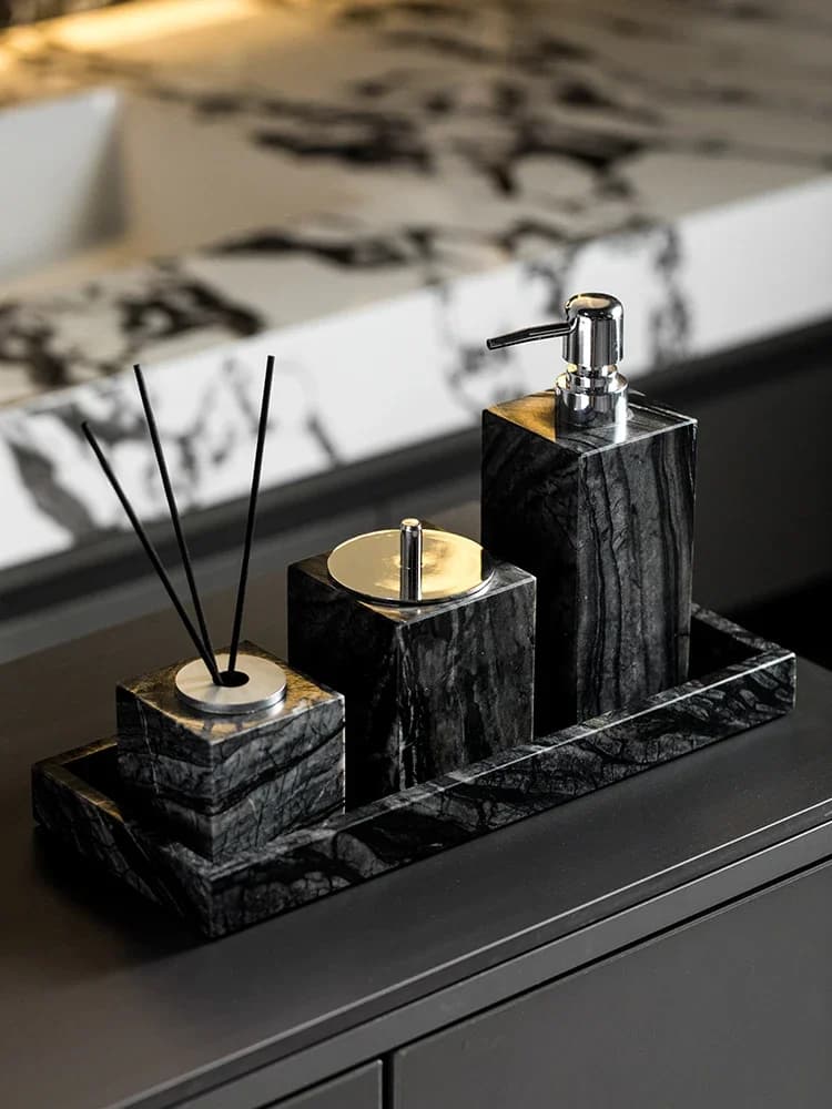 Tree Black Natural Marble Bathroom Accessories Set Soap Dish Soap Dispenser Cotton Swabs Jar Tissue Box Tray Bathroom Set
