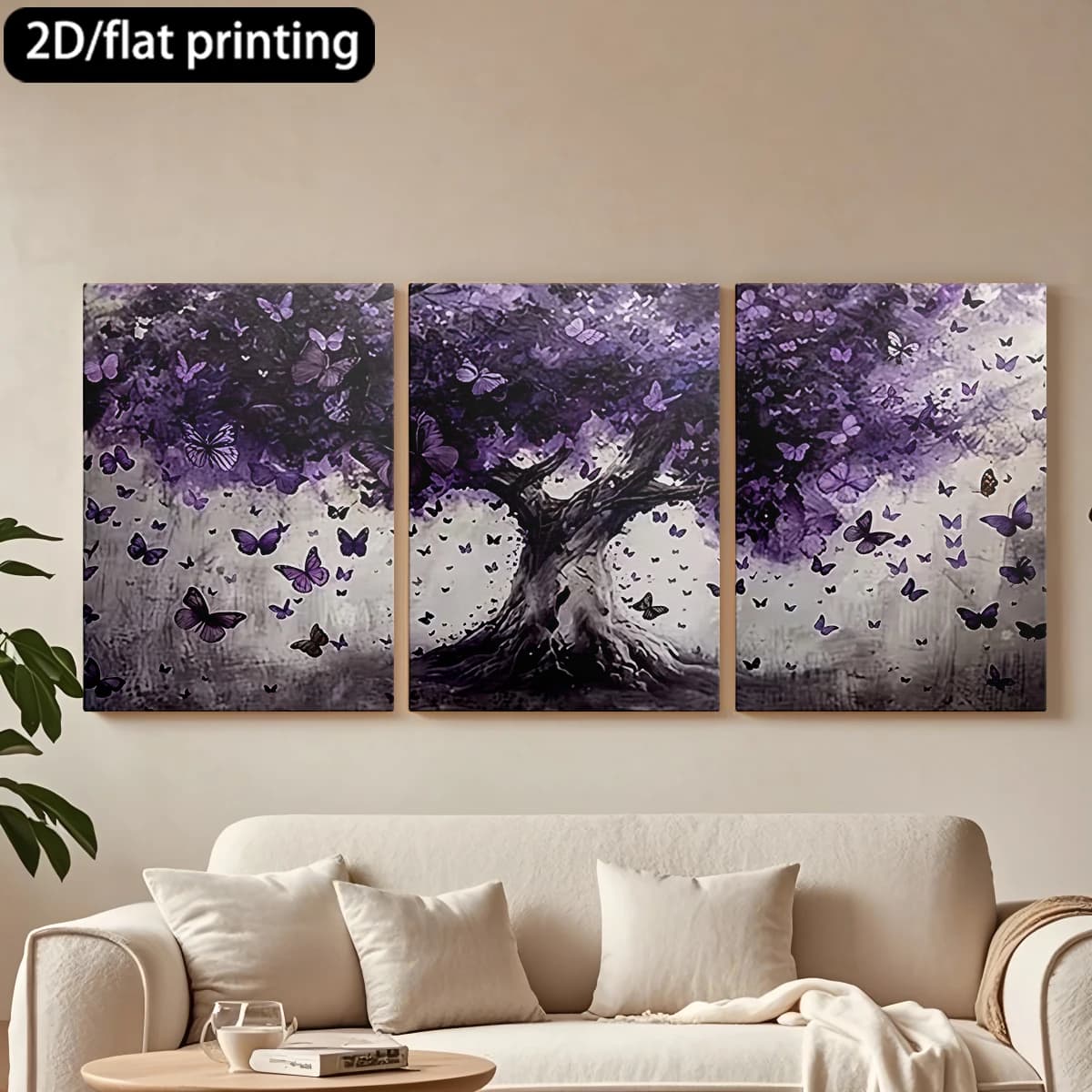 Decorative painting on canvas with wooden frame, 3 pieces. Purple tone tree, glittering butterflies. Hall decoration, living room.