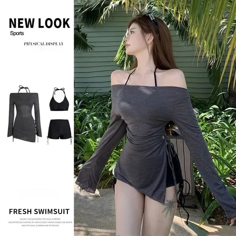 Costume da bagno intero a maniche lunghe trasparente stile Ins, bikini sexy da donna a tre pezzi che modella la figura