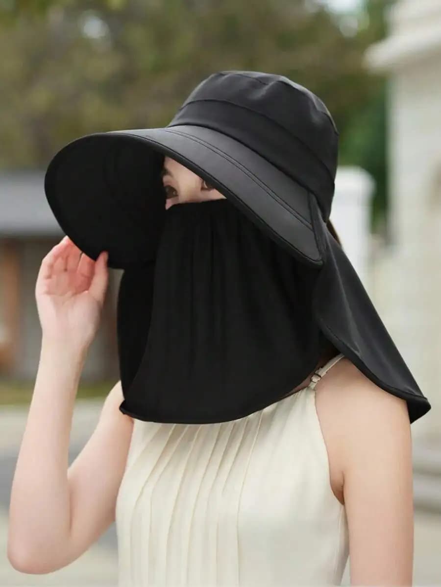 Women's wide-sleeved bucket cap with neck cover and face protective mask, UV protection, sun hat