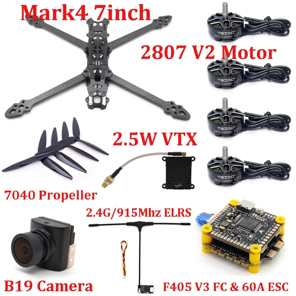 Mark4 7inch Frame Kit F405 V3 FC 60A ESC Stack Combo 2807 1300KV Motor 7040 Propeller 2.5W VTX ELRS for RC FPV Racing Drones DIY