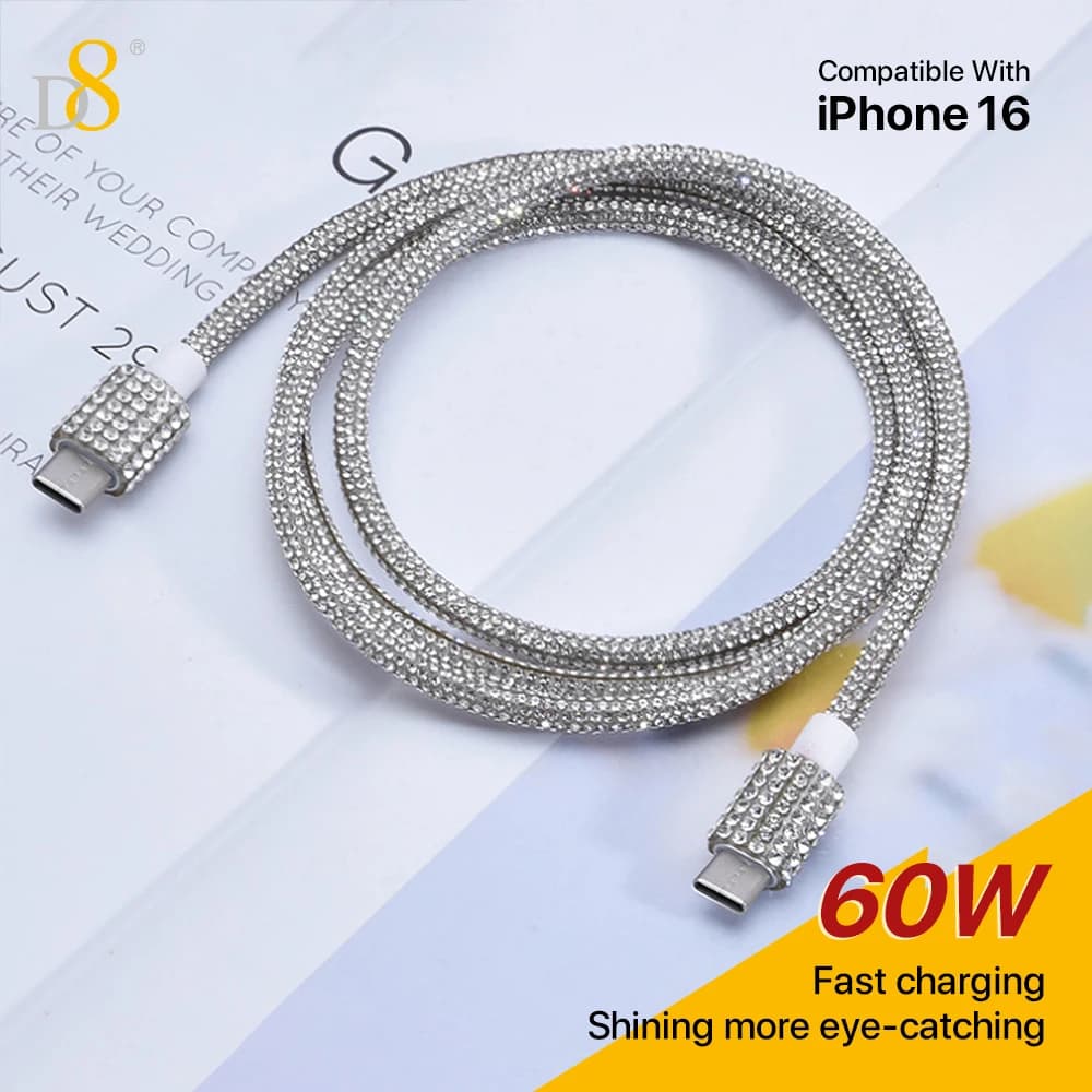 Cavo D8 da USB C a USB C da 60 W per ricarica rapida, decorazione in cristallo, diamante brillante, compatibile con iPhone 15/Pro/Plus/Pro Max, MacBoo