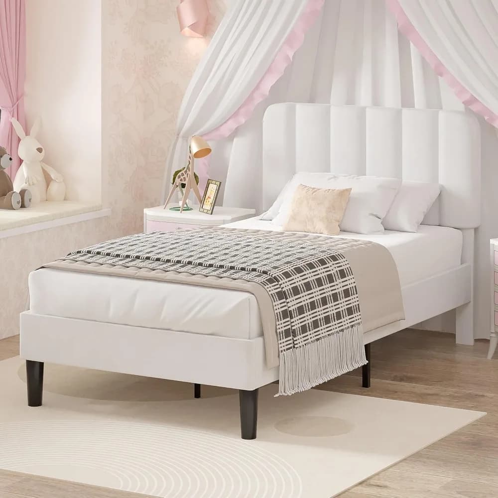 VECELO Struttura letto doppia con testiera imbottita, struttura letto con piattaforma in velluto, resistente supporto a doghe in legno, N
