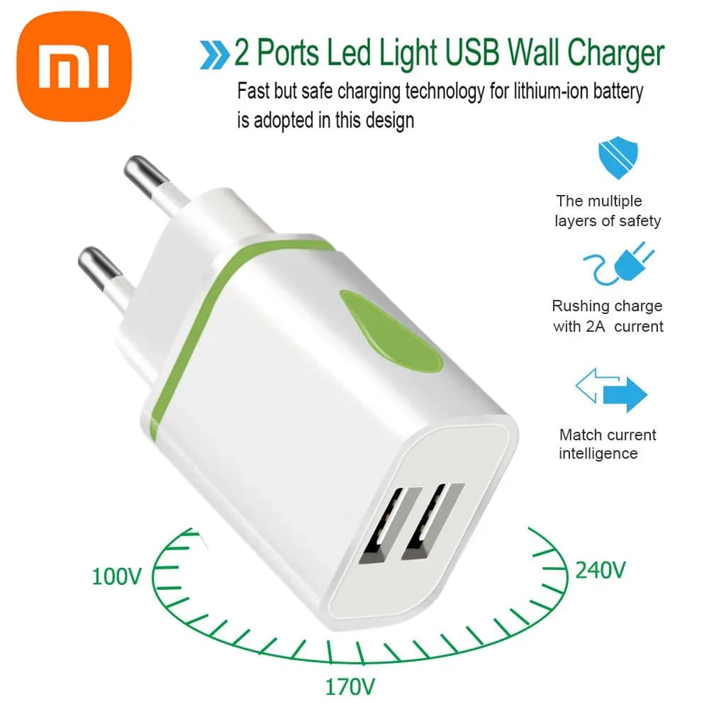 Caricatore da parete da viaggio Xiaomi con presa europea e americana, alimentatore USB a doppia porta 2A, adatto per Samsung Xiaomi iPhone