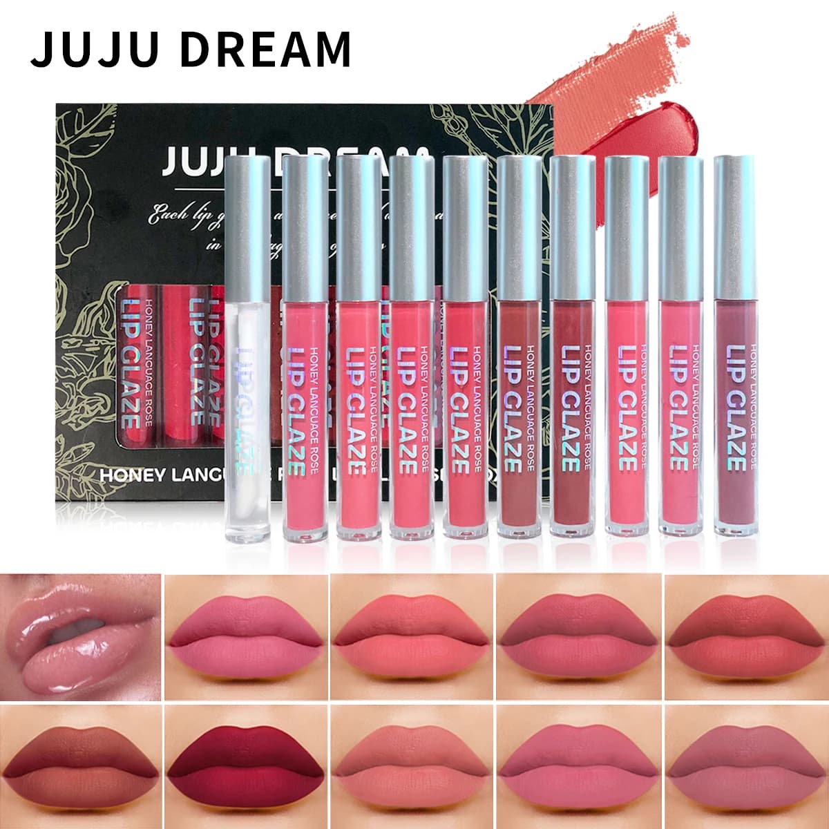JUJU DREAM 10 pezzi Set di smalti per labbra rosa miele Rossetto in velluto opaco a lunga durata Set di lucidalabbra impermeabile Lucidalabbra idratante