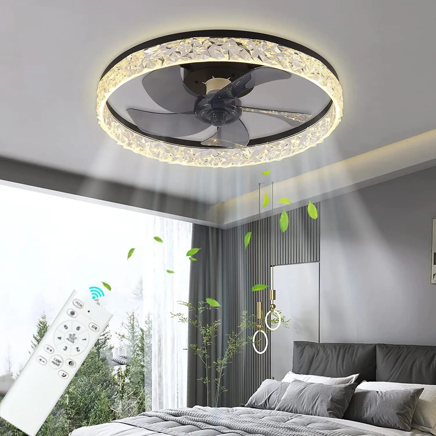 Ventilatore da Soffitto Rotondo con Luce e Telecomando, Illuminazione Moderna per Soggiorno, Ventilatore LED Semplice per Camera da Letto