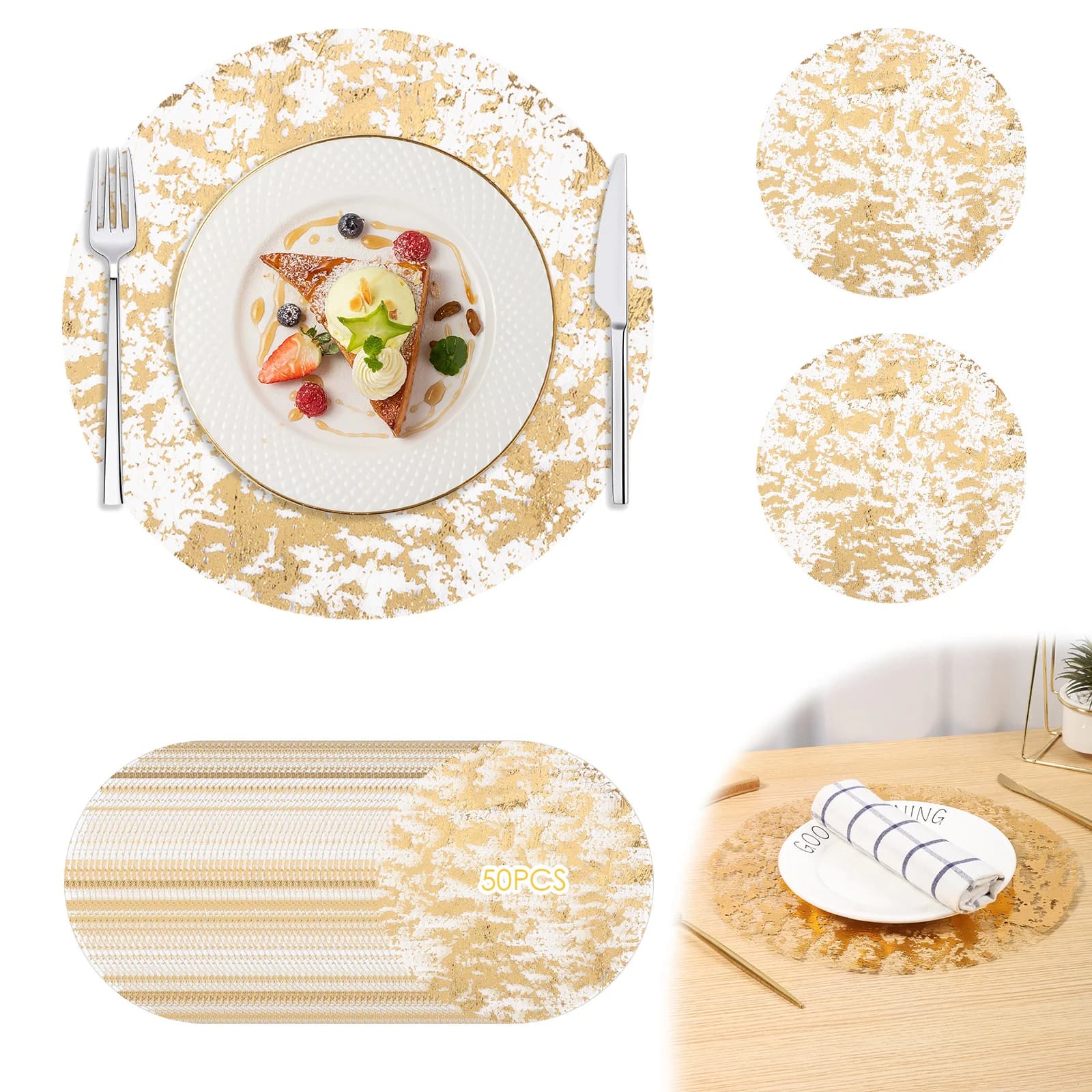 50Pcs Gold Foil Placemat 13" Round Single Use Metallic Gold Foil Gauze Placemat Single Use Charger for Party Baptism Christmas