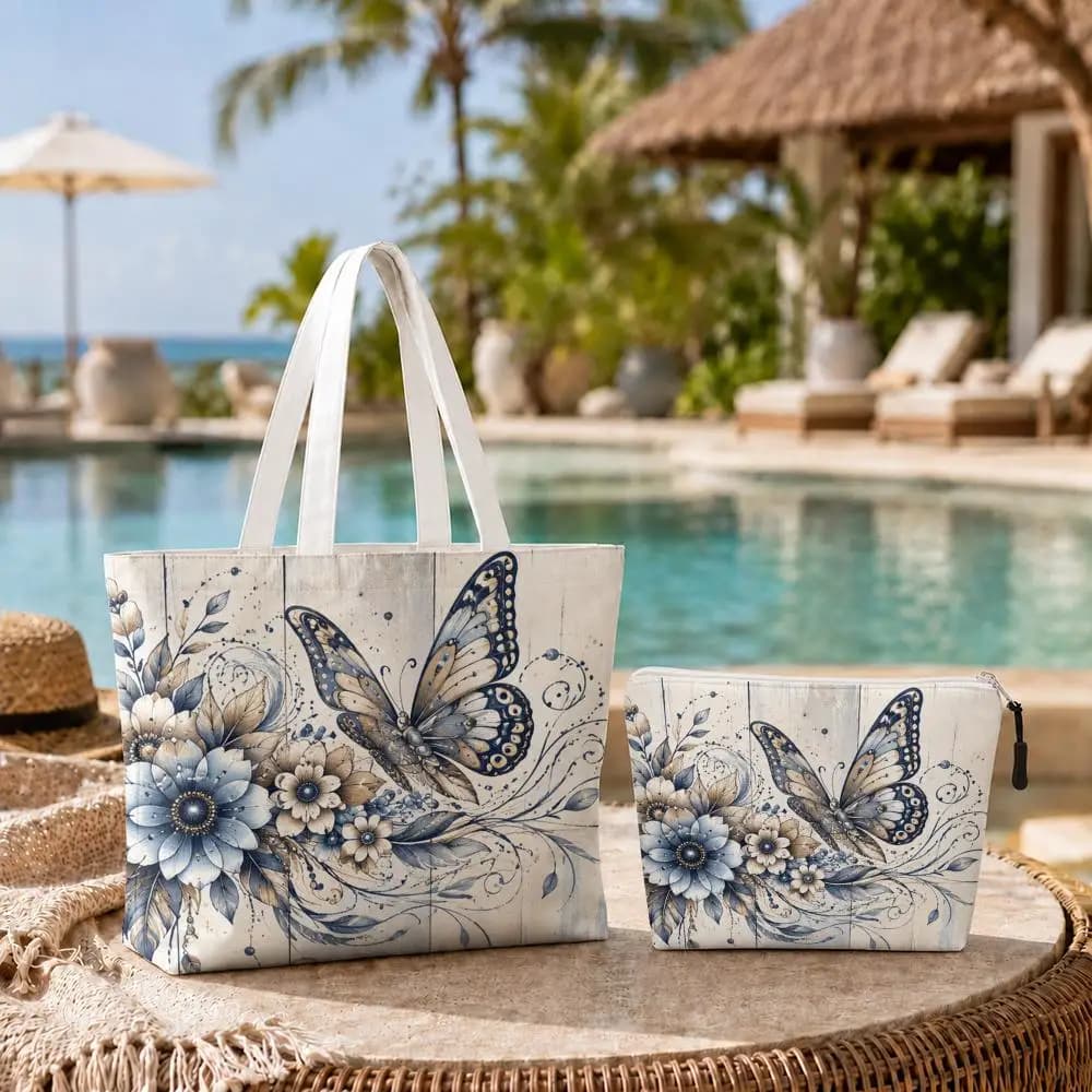 Boho Dreamcatcher Butterfly Floral Storage Bags 2-Piece Set Double-Sided Print with Zipper Canvas Tote Bag for Beach Travel