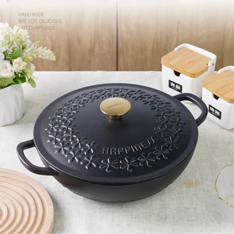 Sunflower 28cm Cast Iron Embossed Pot Thickened Stew Pot Uncoated Soup Pot Non-stick Enamel Frying Pan