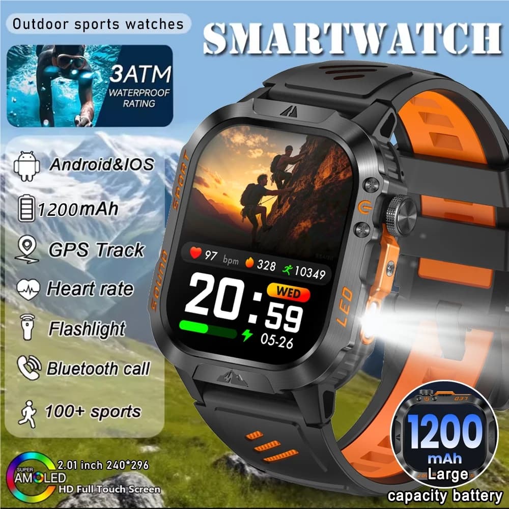 Smartwatch GPS per sport all'aria aperta da uomo, schermo HD da 2,01 pollici, chiamate Bluetooth, batteria da 1200 mAh, bussola, torcia, compatibile con Android e iOS