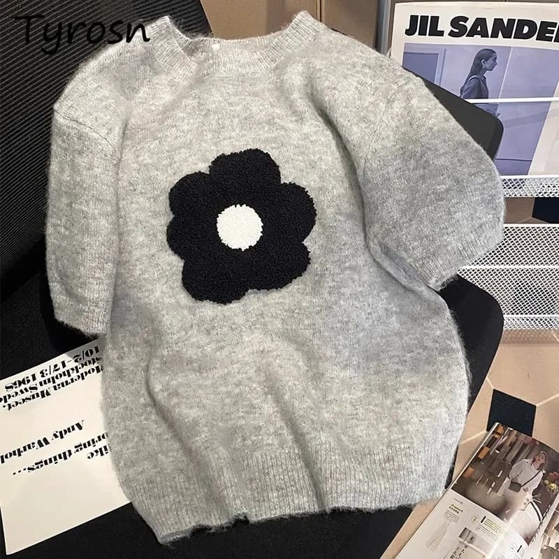 Pullover a maniche corte Donna Maglioni floreali lavorati a maglia Estate Allentato Nuovo temperamento di nicchia OL Moda accogliente Ulzzang Top tutto-fiammifero