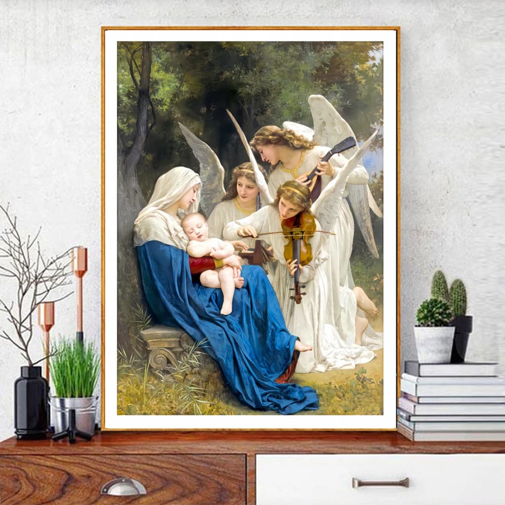Una scena religiosa classica, Madonna che tiene il bambino e l'angelo Pacchetto materiale punto croce Kit ricamo a mano fai-da-te, ricamo stampato