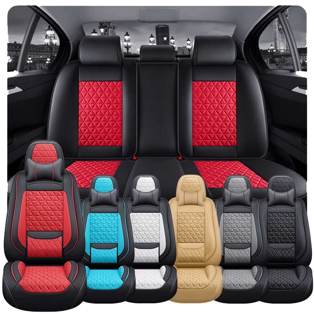 Coprisedile per auto trapuntato con diamanti 3D in pelle nappa premium a 5 posti con poggiatesta e cuscino lombare, traspirante, per tutte le stagioni