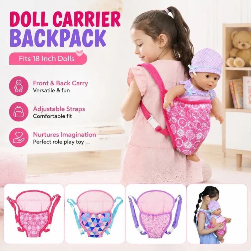 Doll Carrier Backpack for 18 Inch Dolls, Plush Baby Doll Travel Bag with Straps, Front/Back Carry, Nurturing Role Play Toy,